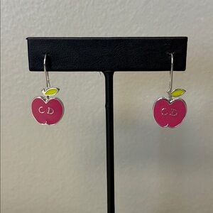 Christian Dior CD Apple Earrings Pink Enamel Silver Tone Dangle